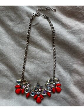 Orange Crystal Floral Statement Bib Necklace Silver Chain